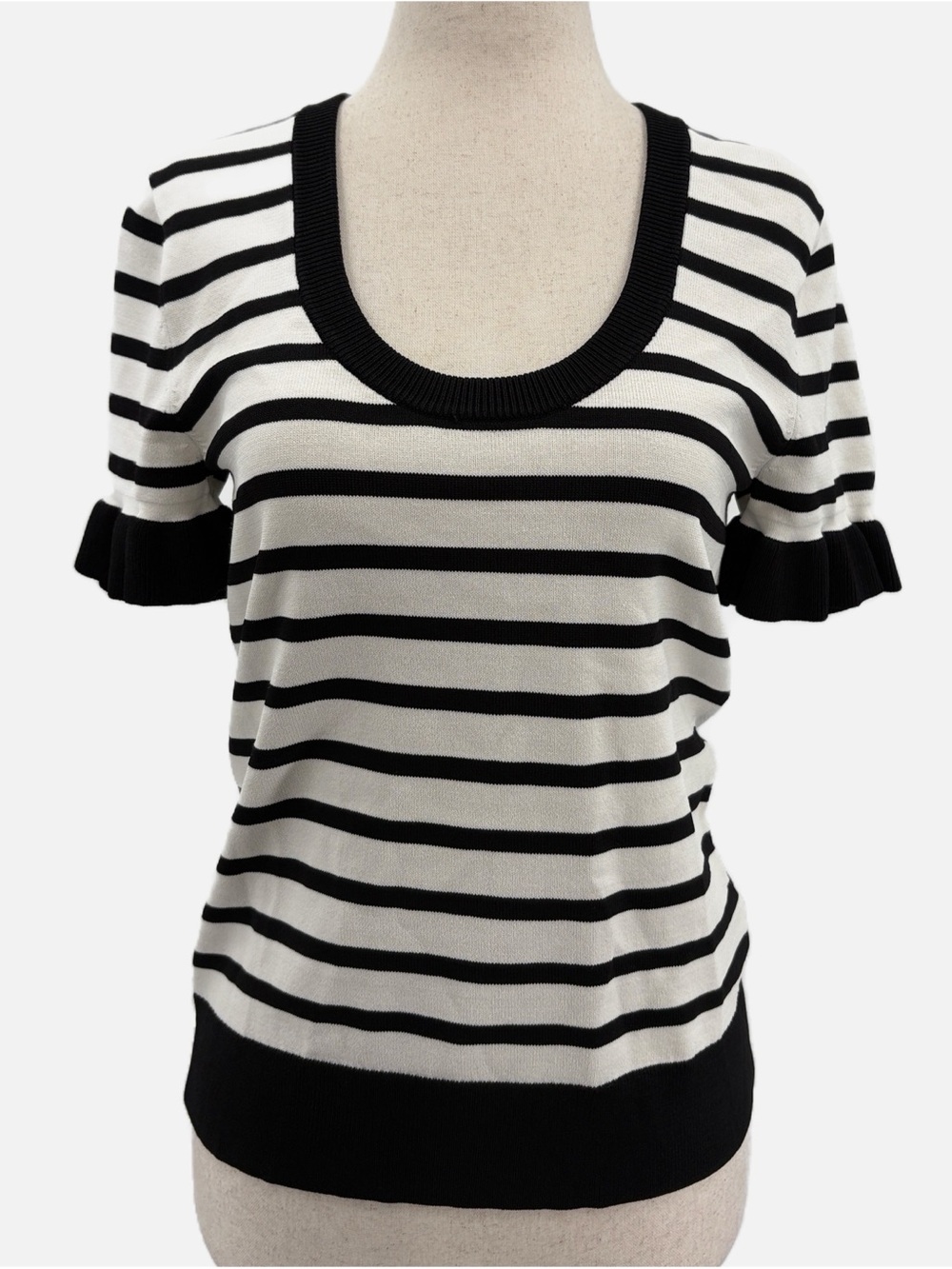 Pearl by Lela Rose Black White Striped Ruffle Sleeve Knit Top Small